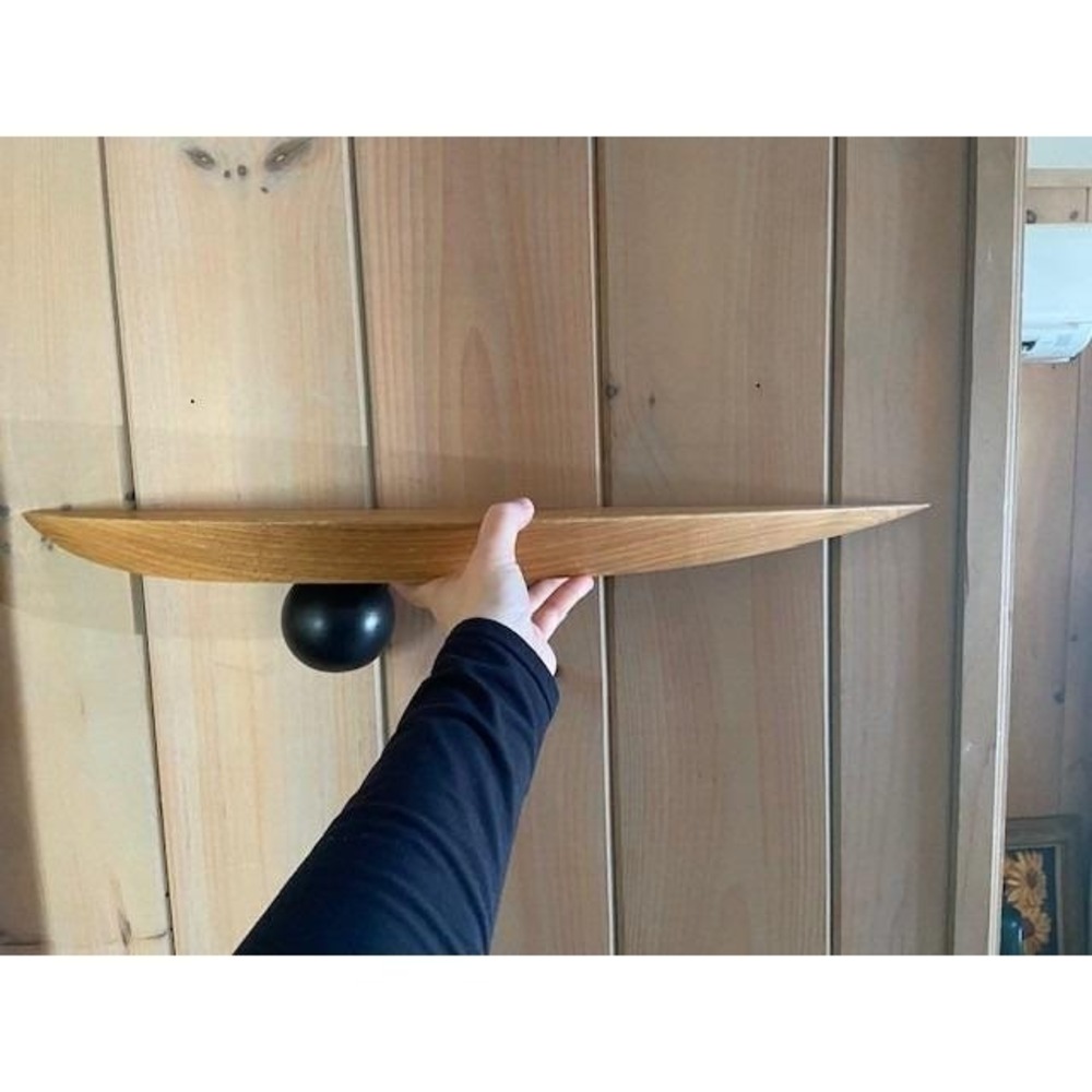 Mid Century Modern Wood Crescent Floating Wall Shelf Half Moon Black Sphere Art